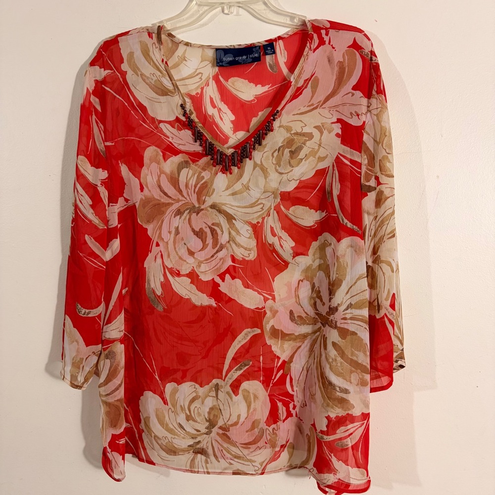 Susan Graver Blouse Womens XL Red Floral Beaded V-Neck Chiffon Tunic Top